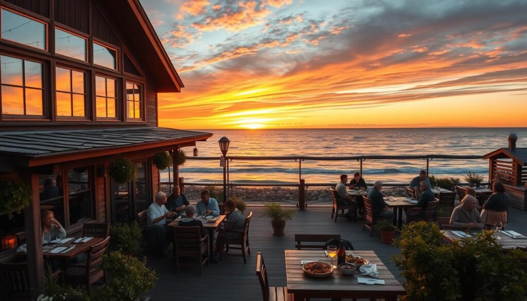 michigan coastal seafood restaurant with sunset view